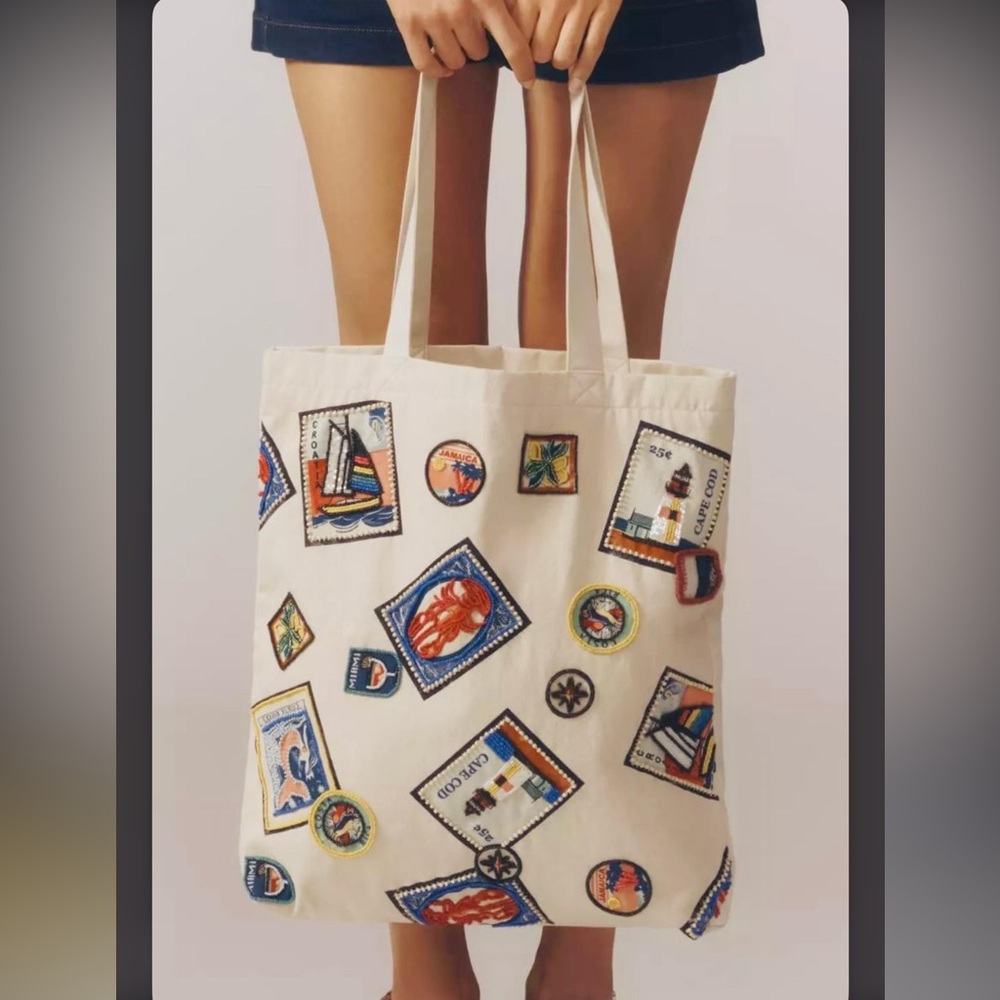 Anthropologie Printed Beaded Canvas Tote Bag
